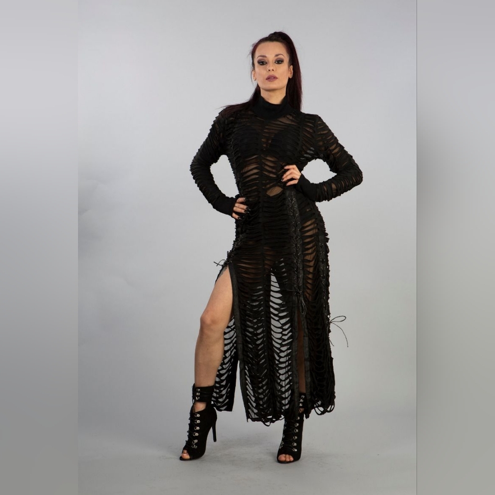 Burleska razor cut mesh and cotton dress in black on black size M